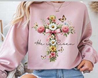 He Is Risen Floral Cross DTF, Easter Christian DTF Shirt Design, Jesus Easter, Spring Flowers, DTF Transfer, Ready To Press, Direct to Film