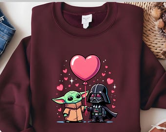 Star Wars Love DTF, Baby Yoda & Vader Valentine Scene, Cute Heart Balloon Moment, Sweet Galaxy Couple Vibes, Adorable Chibi Style DTF