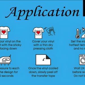 May include: A blue and white infographic with instructions on how to apply iron-on vinyl to a garment. The steps include placing the vinyl on the garment, covering it with a pressing cloth, applying pressure with an iron, and peeling off the transfer tape. The infographic also includes a warning to wait 24 hours before washing and to not bleach the garment.