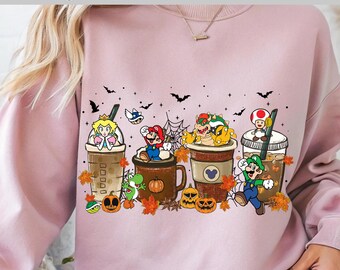 Halloween Super Mario Coffee DTF Transfer, Fall Pumpkin Latte Cup Design, Spooky Gamer Characters Autumn Coffee DTF Print, Ready To Press