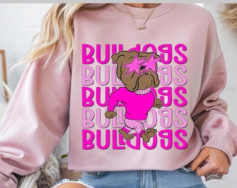 Transferencia DTF de Bulldog Preppy, Impresión de Mascota con Gafas de Estrella Rosa, Diseño de Orgullo Escolar con Espíritu de Equipo, Impresión de Bulldog, Lista para Prensar, Directo a Película