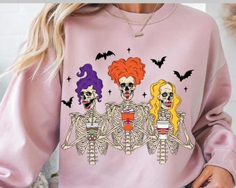 Halloween Skeleton Sisters DTF Transfer, Ready to Press Spooky Coffee Skeletons, Cute Witches Latte DTF Print, Heat Transfer for Shirts