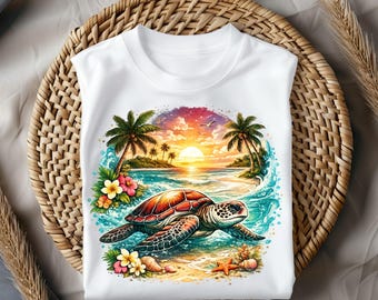 Transferencia DTF de tortuga marina al atardecer en la playa, transferencia térmica de tortuga oceánica tropical lista para planchar, calcomanía para camiseta costera de verano