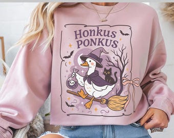 Funny Witch Goose DTF, Honkus Ponkus Halloween Design, Cute Duck with Broomstick and Potion, Spooky Goose Print for Shirts, Ready To Press