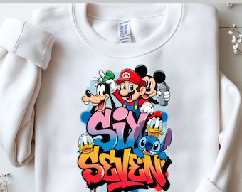 Transferencia DTF de Mario, Mickey, Goofy, Donald y Stitch, personajes de dibujos animados estilo grafiti de Six Seven, listos para imprimir.
