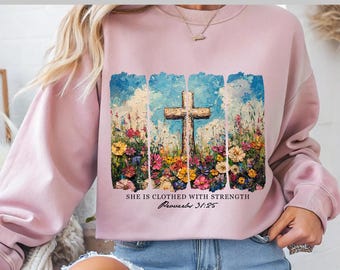 She is Clothed with Strength DTF, Christian Faith Brushstroke, Proverbs 31:25, Cross DTF, DTF Transfer, Ready To Press, Direct to Film