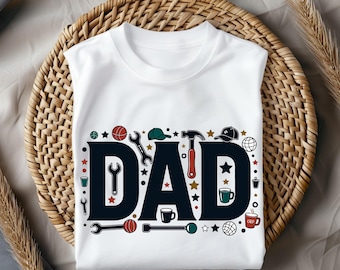 Transferencia DTF para papá, transferencia térmica lista para planchar para el Día del Padre, calcomanía práctica para papá con herramientas, diseño de gorra de café deportivo para ropa personalizada