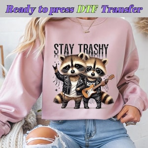 Stay Trashy DTF – Cool Raccoon Band DTF,Rocker Animal T-Shirt Design Dtf, Funny Raccoon Dtf, DTF Transfer, Ready To Press, Direct to Film