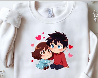 Cute Couple Love DTF, Chibi Boy & Girl Heart Moment, Sweet Valentine Scene, Adorable Romantic Style, Direct to Film