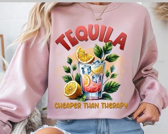 Tequila más barato que la terapia (DTF), diseño divertido de bebida alcohólica (DTF), cóctel de verano, transferencia DTF, listo para imprimir, directo a película