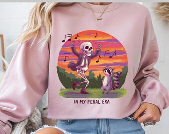 In My Feral Era DTF – Funny Dancing Skeleton with Raccoon Design, Retro Sunset DTF, DTF Transfer, Ready To Press, Direct to Film