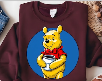 Winnie the Pooh DTF, adorable estilo de oso de miel, clásico lazo rojo de dibujos animados, cálido estampado vintage, encantador Pooh listo para imprimir DTF