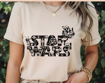 Star Wars DTF, Darth Vader Design, Star Wars Logo, Star Wars text, Character Silhouettes, High-Resolution, DTF Transfer, Best for Printing