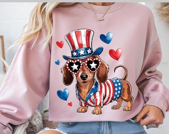Impresión de perro salchicha patriótico, impresión de perro del 4 de julio, impresión de perro con la bandera de EE. UU., Día de la Independencia de Estados Unidos, transferencia DTF, listo para imprimir, directo a película