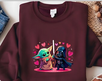Star Wars Love DTF, Baby Yoda ve Vader Valentine Scene, Cute Heart Moment, Adorable Galaxy Couple, Sweet Pink Hearts Style, Direct to Film