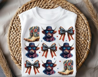 Transferencia térmica DTF de lazo coqueto patriótico, cinta Highland Cow Western Boots USA lista para planchar, calcomanía del 4 de julio