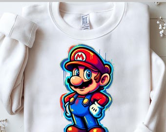Super Mario Graffiti DTF, Bold Retro Hero Colors DTF, Street Splash Mario Look, Classic Red Cap Style, Ready to Press DTF Transfer