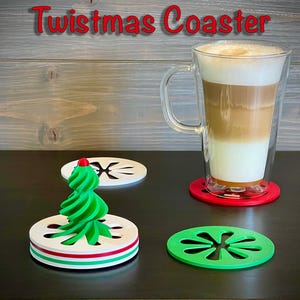 Twistmas Coasters Set, Handmade Green PLA Holiday Coasters, Funky Christmas Design, Eco-Friendly Coasters, Customizable Spiral Coasters