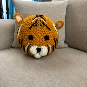 Tiger pillow, handmade pillow, crochet pillow , yellow pillow , animal pillow image 6