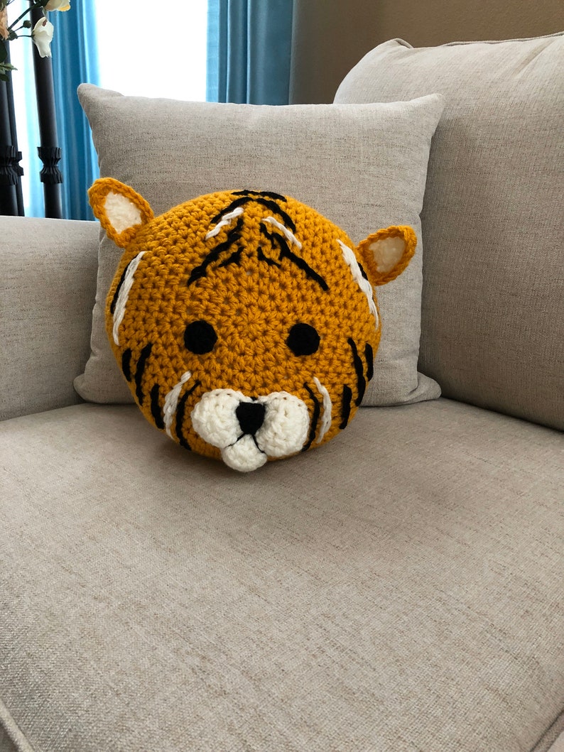 Tiger pillow, handmade pillow, crochet pillow , yellow pillow , animal pillow image 6