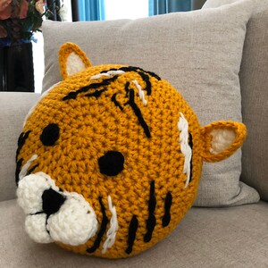 Tiger pillow, handmade pillow, crochet pillow , yellow pillow , animal pillow image 2