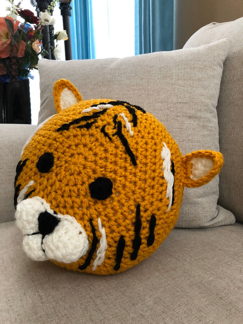 Tiger pillow, handmade pillow, crochet pillow , yellow pillow , animal pillow image 2