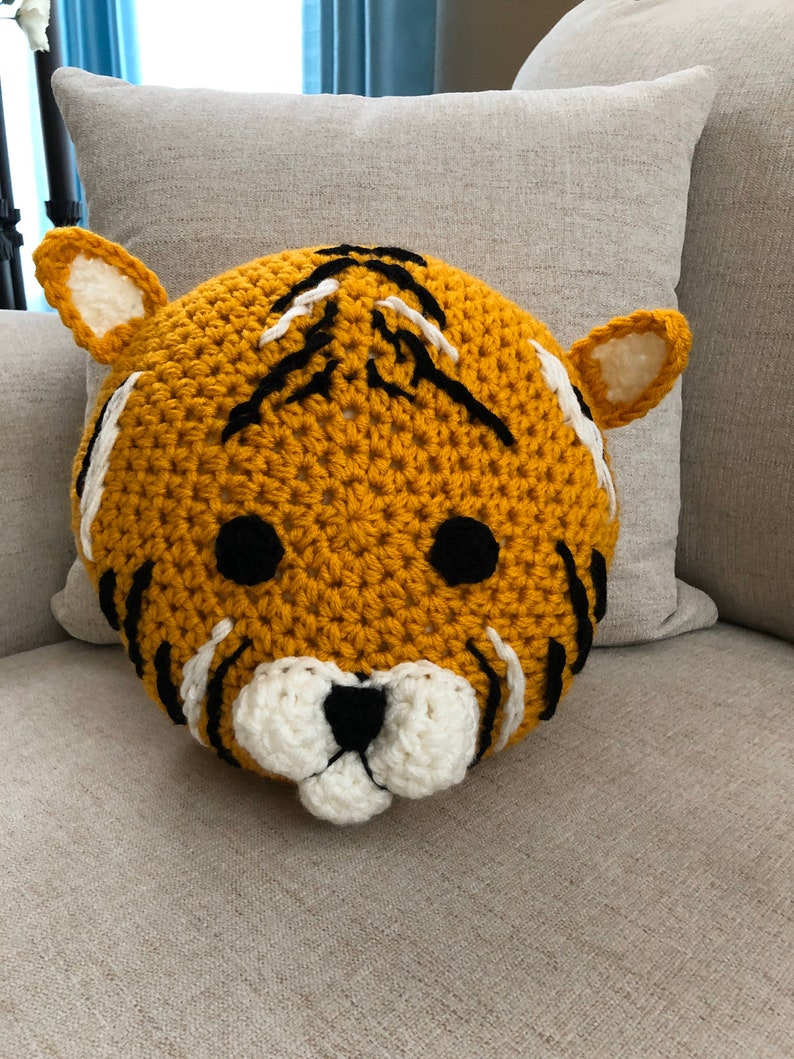 Tiger pillow, handmade pillow, crochet pillow , yellow pillow , animal pillow image 5