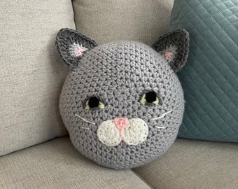Crochet cat pillow, handmade pillow , animal pillow , gray cat pillow