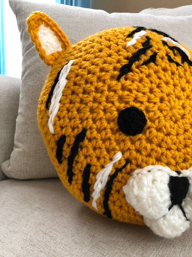 Tiger pillow, handmade pillow, crochet pillow , yellow pillow , animal pillow image 4