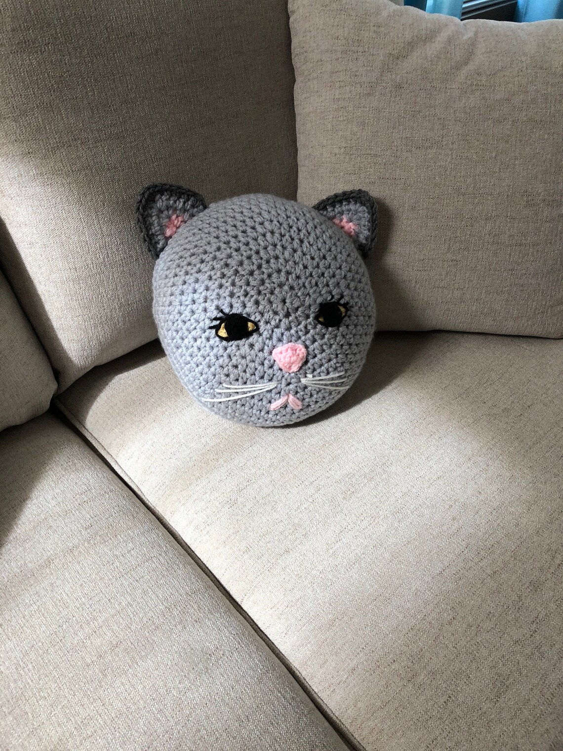 Crochet Cat Pillow Handmade Pillow Animal Pillow Gray Cat Etsy