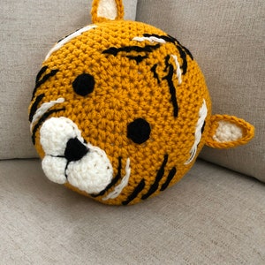 Tiger pillow, handmade pillow, crochet pillow , yellow pillow , animal pillow image 1