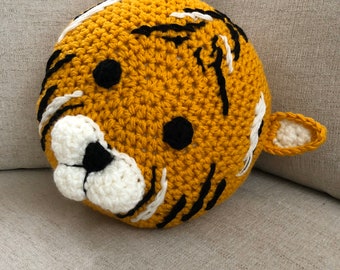 Tiger pillow, handmade pillow, crochet pillow , yellow pillow , animal pillow