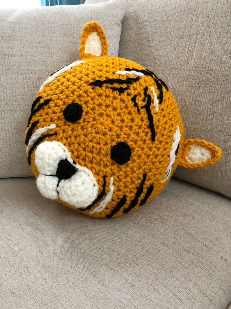 Tiger pillow, handmade pillow, crochet pillow , yellow pillow , animal pillow image 1