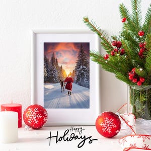 Arte de parede do Papai Noel, decoração de Natal do Papai Noel vermelho, impressões digitais de arte de Natal do Papai Noel vermelho VERMELHO, neve, pôr do sol de Natal, rena.