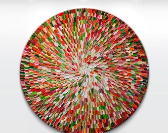 Original round abstract painting - 'Ruby II' - 90x90cm. Red, orange, green impasto - OOAK