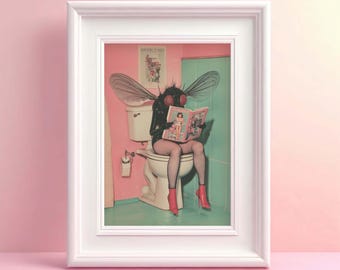 May include: A framed print of a humorous surrealist image of a fly wearing red shoes and sitting on a toilet, reading a magazine. The bathroom is decorated in pink and turquoise.