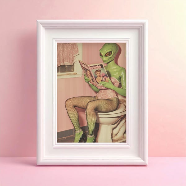 Zabawny plakat z motywem toalety z motywem kosmity: Retro plakat z toaletą UFO
