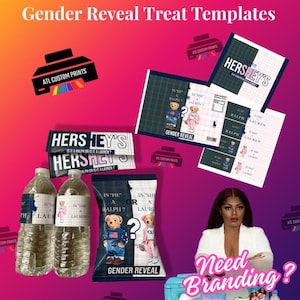 Può includere: Immagine con "RALPH LAUREN Gender Reveal Treat Templates". I design includono involucri Hershey's, etichette per bottiglie d'acqua e design per sacchetti di patatine con grafica di orsetti. Il testo "Is He or Is She a Ralph Lauren?" è visibile.