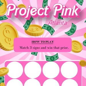 Puede incluir: Un tablero de juego rosa y blanco con un fondo rosa y círculos blancos. El juego se llama "Project Pink Atlanta" y cuesta 2 €. Las instrucciones dicen "Haz coincidir 3 signos y gana ese premio."