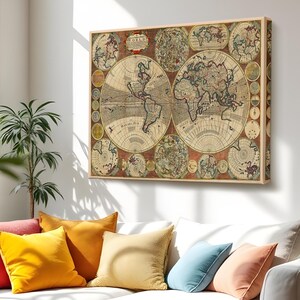 Vintage Retro World Map Painting, Large Wall Hanging,  Modern Canvas Wall Decor,  Classic Canvas Art,  Framed Canvas Wall Art