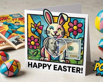 Pop Art Easter Bunny Money Card, Retro Comic Style Holder (Digital Download)
