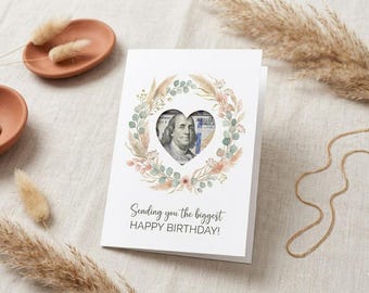 Boho Floral Birthday Money Card, Watercolor Eucalyptus Wildflower Wreath (Digital Download)
