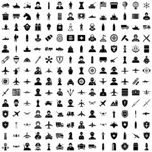 May include: A black and white illustration set of 144 icons depicting military, army, and war themes. The icons include soldiers, tanks, planes, weapons, and other military equipment.