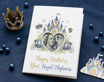 Printable Prince Birthday Money Card, Watercolor Castle Crown Holder (Digital Download)
