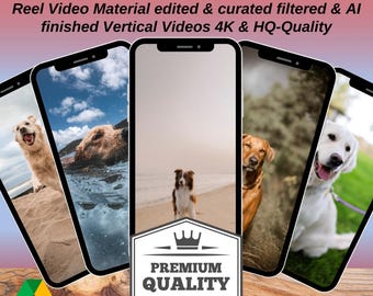 May include: A collage of four smartphone screens showcasing various dog videos. Each screen displays a different dog breed in a variety of settings, including a beach and a grassy field. The text "1700+ DOGS & PET REELS" is displayed at the top of the image, along with the text "Reel Video Material edited & curated filtered & AI finished Vertical Videos 4K & HQ-Quality". A logo for "PREMIUM QUALITY" is displayed in the centre of the image.