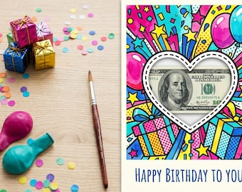 Pop Art Birthday Money Card, Watercolor Cash Gift Holder (Digital Download)