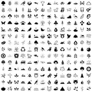 May include: A black and white image featuring 144 different icons depicting nature, animals, and plants. The icons are arranged in a grid pattern.