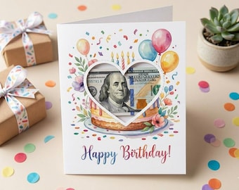 Printable Birthday Money Card | DIY Foldable Happy Birthday Card with Heart Cutout | Watercolor Birthday Cake Digital Download