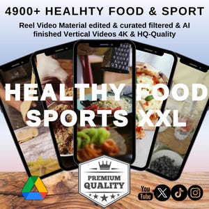 May include: A collage of five smartphone screens showcasing various healthy food and sports-related content. The screens display images of fresh fruits, vegetables, pasta, pizza, and blueberries. The text "HEALTHY FOOD SPORTS XXL" is prominently displayed in the centre of the collage.