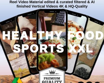 Op de afbeelding: Een collage van vijf smartphone-schermen die verschillende content over gezond eten en sport laten zien. De schermen tonen afbeeldingen van vers fruit, groenten, pasta, pizza en blauwe bessen. De tekst "HEALTHY FOOD SPORTS XXL" wordt prominent in het midden van de collage weergegeven.